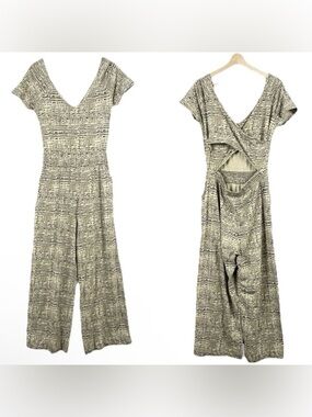Pact L Revive Jumpsuit Green Animal Print Wide Leg Boho Organic Cotton Stretch